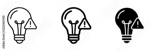 Lightbulb Warning Icons, Idea Alert Symbols, Danger Innovation Graphics, Set of 3 Vector Illustrations