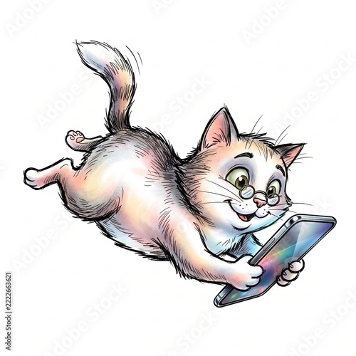 Playful gray white kitten using a colorful smartphone, isolated on white background, square format, mobile apps and digital lifestyle concept