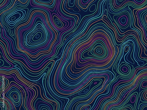 Vibrant Neon Topographic Contour Line Pattern on Dark Navy Background