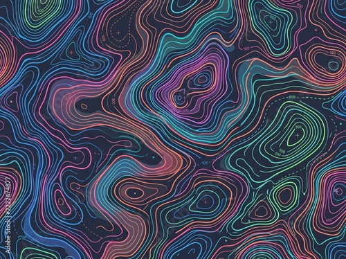 Colorful Topographic Map Contour Lines Seamless Pattern on Dark Background