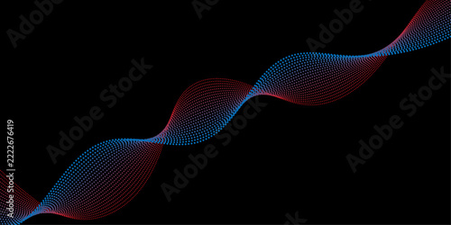 Abstract wavy pattern with red and blue dots on a black background