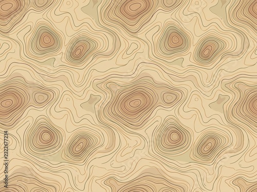 Seamless Topographic Map Contour Pattern on Beige Wood Grain Background