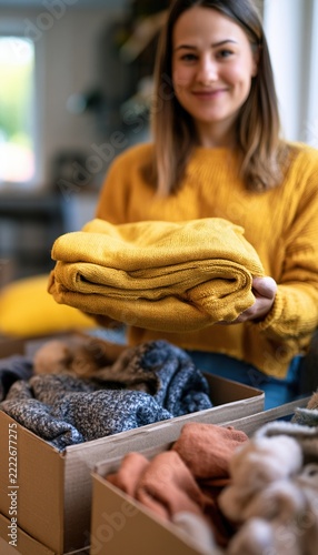 Young woman organizing clean clothes for donation at home