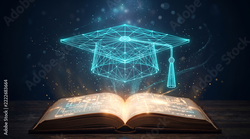 Holographic graduation cap floating above an open glowing book