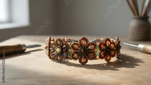 Beaded Floral Bracelet artisan display in beadwork table Analog hobby