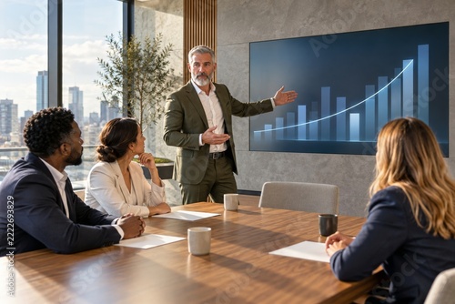 Businessman Leading a Meeting with Managers and a Digital Growth Presentation