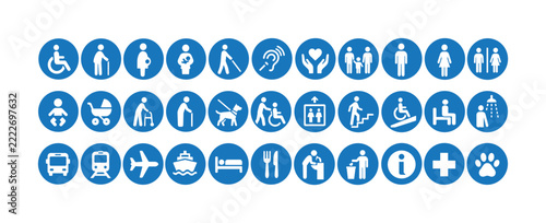 Blue circular accessibility and public service pictograms for inclusive wayfinding
