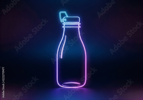 Neon water bottle sign glowing with purple and blue light on a dark background for modern bar or cafe advertisement concept