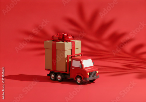 Small red toy truck carrying a large brown gift box with a red ribbon on a vibrant red background with palm leaf shadows