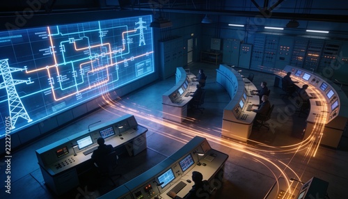 Power grid control room from above, curved consoles and wall display of glowing electrical grid schematic, operators from behind, amber motion blur light trails, critical infrastructure