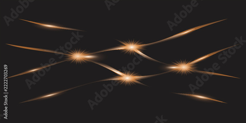 Golden light streak background with radiant starburst flares, elegant champagne glow lines and luxurious abstract shimmering effects on dark black surface.