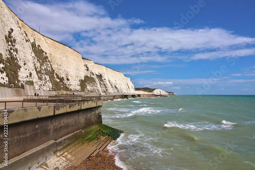 White chalk coastline landscape at Saltdean Cliffs along England Coastal Path, Saltdean and Rottingdean, East Sussex; scenic seascape view in South Downs National Park, UK