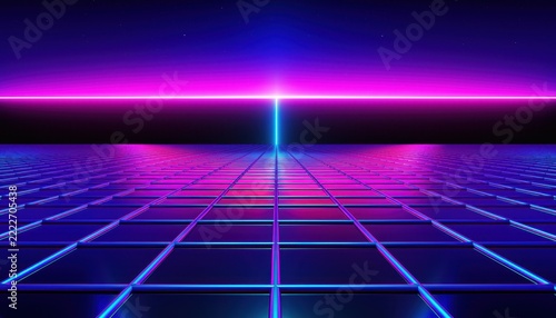 Retro Future Grid: A mesmerizing digital landscape emerges from a luminous grid, bathed in the vibrant hues of neon blue and pink, creating an infinite perspective towards a distant horizon.