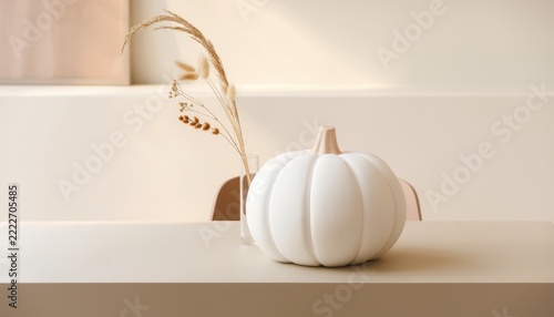 Minimalist Autumn Decor: A white ceramic pumpkin, adorned with subtle grooved lines, sits elegantly on a neutral-toned surface, complemented by dried ornamental grass in a vase.