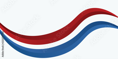 Abstract wave banner with layered red and blue curved ribbons creating dynamic motion on a clean white background