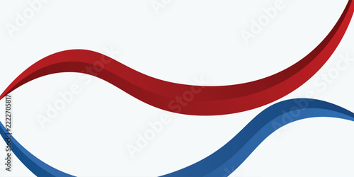 Abstract wave banner with layered red and blue curved ribbons creating dynamic motion on a clean white background