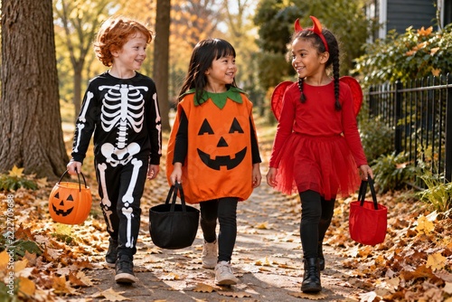 Three Costumed Children Carrying Halloween Buckets on a Leafy Neighborhood Path