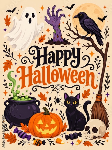 Halloween Lettering and Beige Icon Collection with Ghost Zombie Hand Raven an...