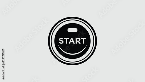 Black and white car start button icon with text START inside concentric circles on a light grey background.