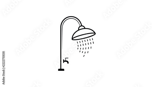 Minimalist black line art icon of a modern bathroom shower head mounted on a curved pipe with dripping water and a small faucet.