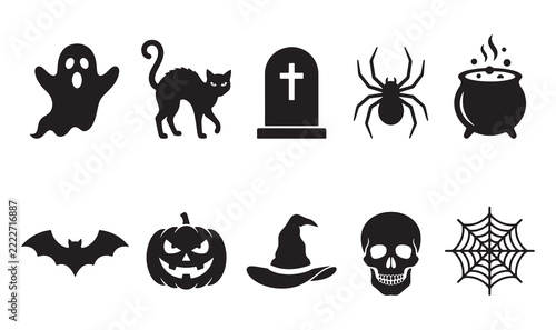Halloween Silhouette Icons Set, Spooky Vector Elements