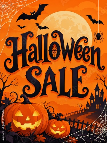 Elegant Halloween Sale Lettering on Orange with Pumpkins Bats and White Cobwebs