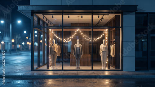 Boutique Storefront at Night with Festive Window Display and Mannequins
