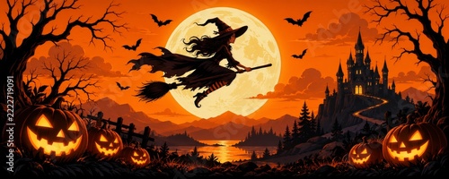 Flying Witch across a Full Moon with Pumpkins and a Castle in an Orange Panorama