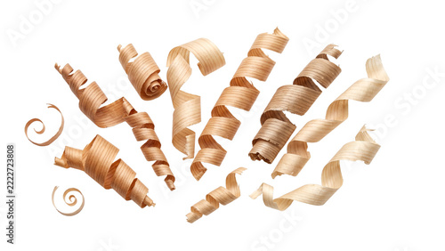 Curled Wood Shavings PNG, Natural Wooden Strips and Spiral Timber Shavings Isolated on Transparent Background