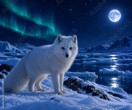 An arctic wolf at night