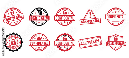 Confidential Stamp Outline Icon Set. Official Seals, Secure Documents, Privacy Labels and Information Protection Symbols red vector illustration.