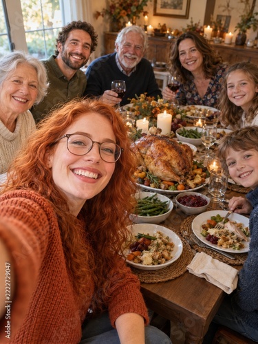 Smiling woman takes a family selfie around a festive roast poultry dinner