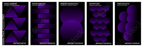 Deep Purple Violet Gradient Poster Template Collection, Abstract Geometric Cover Artwork with Triangles, Horizontal Bars, and Hexagons