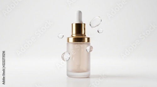 Luxury cosmetic serum bottle with dropper, frosted glass liquid foundation dispenser with floating water bubbles, minimalist skincare product mockup