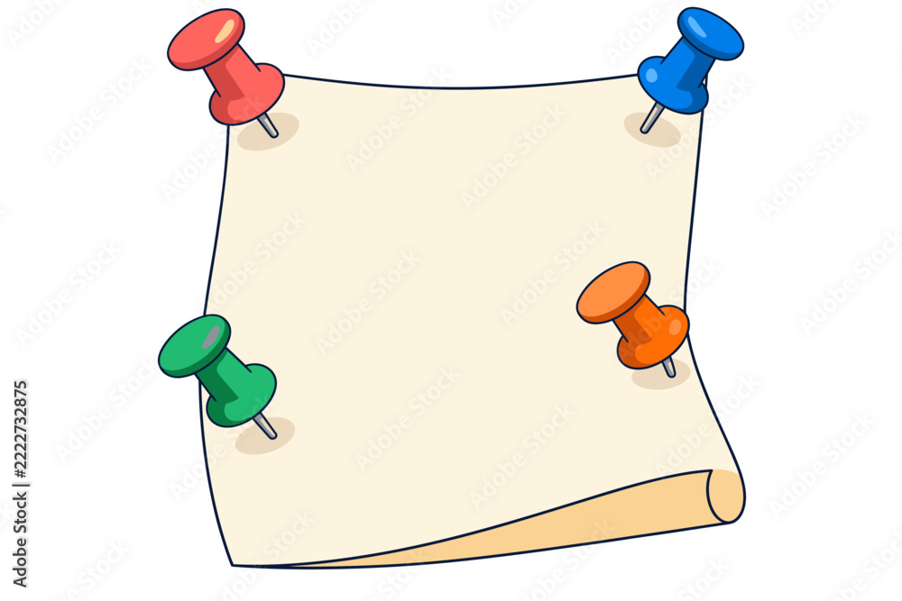 Fototapeta premium Blank cream paper pinned by four colorful pushpins with a gently curled lower edge and a large empty center for writing in a clean cartoon style