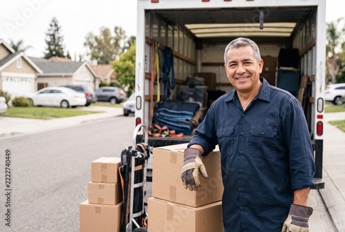 Latino moving company owner smiling at camera
