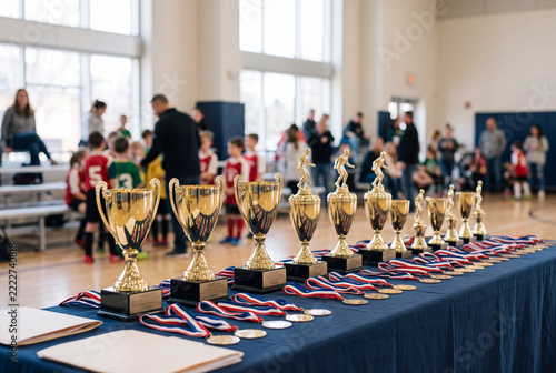 Trophies and medals on table at sports award ceremony