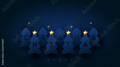 Navy greeting christmas card. Christmas trees with gold stars