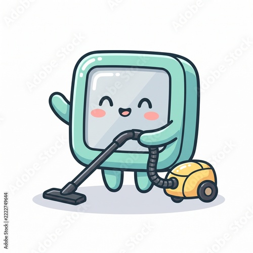 A cute mint green screen character cheerfully waiving while cleaning with a yellow vacuum cleaner.