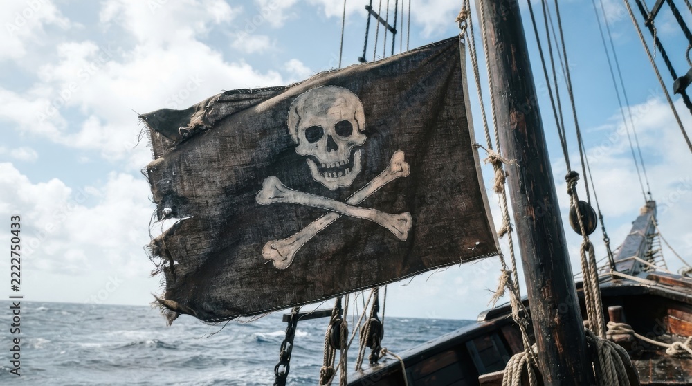 Naklejka premium Tattered pirate flag with skull and crossbones on a sailing ship at sea
