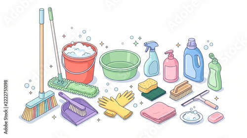 Colorful isometric illustration set of essential household cleaning equipment, tools, detergent bottles, and supplies.