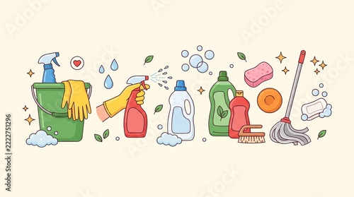 A colorful vector banner featuring household cleaning supplies, detergent bottles, sprayers, sponges, a mop, and a green bucket with yellow rubber gloves. 