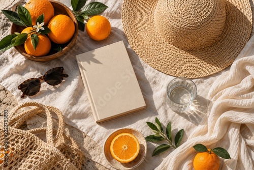Summer flat lay with oranges straw hat and a blank book on linen