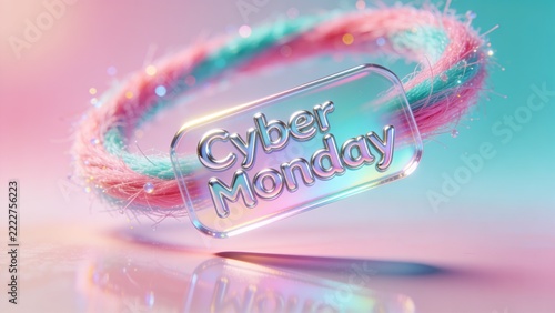 Floating glossy tag hovering in studio, showing embossed Cyber Monday text with braided pastel ring