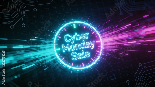 Pulsating neon circular badge displaying Cyber Monday Sale on tech banner, emitting light streaks