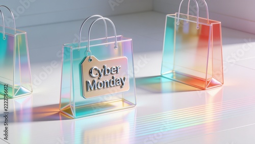 Displaying three iridescent shopping bags refracting color on studio tabletop, Cyber Monday tag