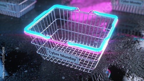 Glowing wire shopping-basket casting neon rim reflections on studio pavement, Cyber Monday label