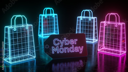 Displaying matte black price tag reading Cyber Monday on glossy surface, with four wireframe bags