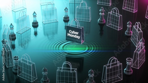 Emitting ripple rings Cyber Monday bag hovering above glossy surface, wireframe bags, chess pieces
