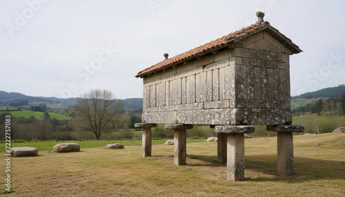 A stone horreo granary on pillars, rustic and authentic with natural imperfections, soft natural window light